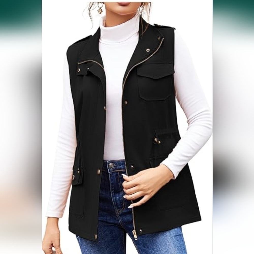 Beyove Womens Black Utility Vest Adjustable Drawstring Waist Military Jacket NEW